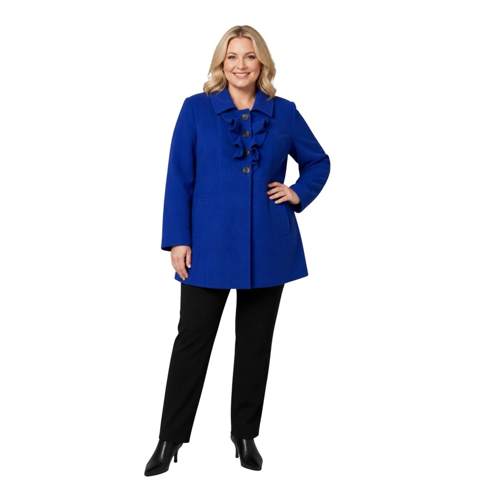 Old Navy Blue Wool Blend Ruffle Pea Coat XXL Cobalt Winter Classic Plus Coat Y2K